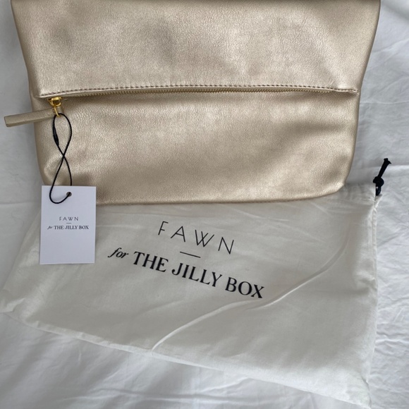NWT FAWN DESIGN Jillian Harris Gold Foldover Clutch purse The Jilly Box - Picture 2 of 5